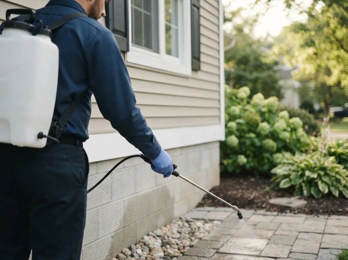 Pest control technician inspecting a home in Glenville, WV